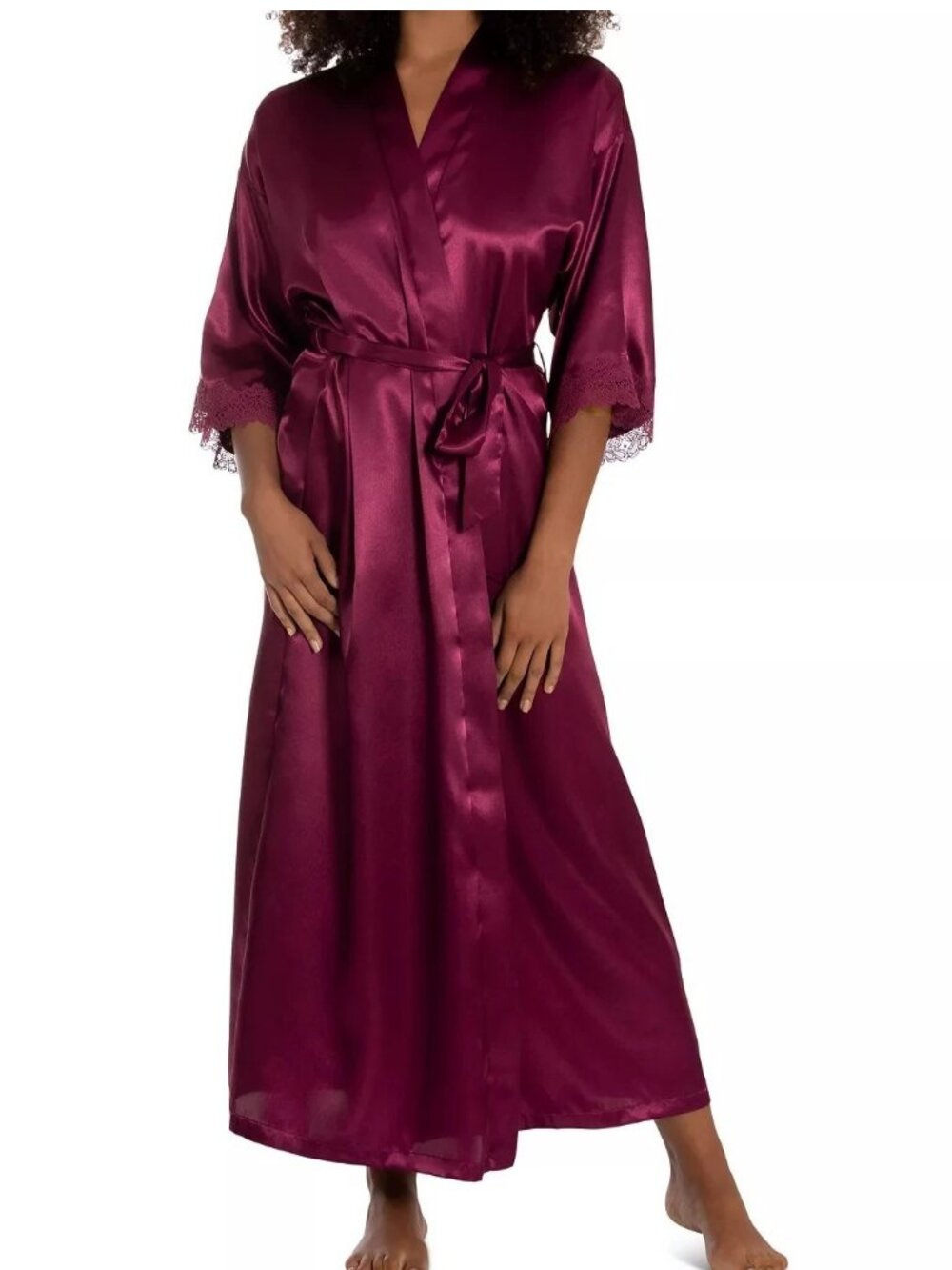 Linea Donatella Women's Lace-Trim Long Charmeuse Satin Wrap Robe, Magenta, S/M